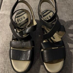Fly London Black Leather Strappy Sandals, Sz 39